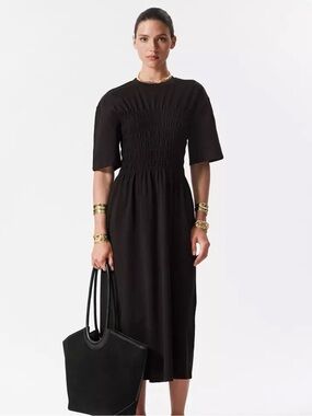 & Other Stories Black Smocked Midi Dress